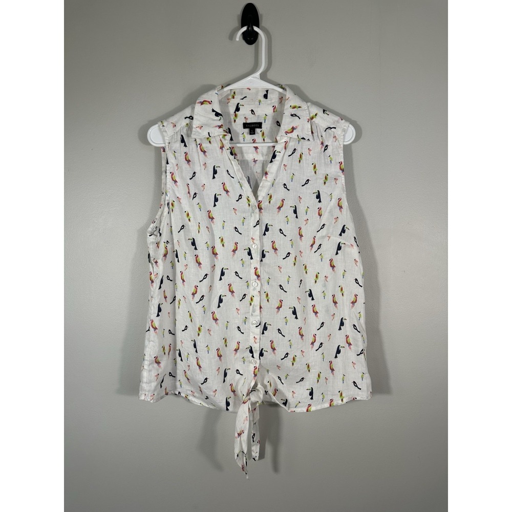 Talbots Top Womens Large White Linen Tank Parrot Toucan Resort Vacation Beach